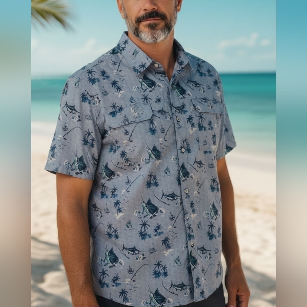 IZOD SaltWater - Blue Button Down, Short Sleeve Shirt, Fishing Theme Print, XXL